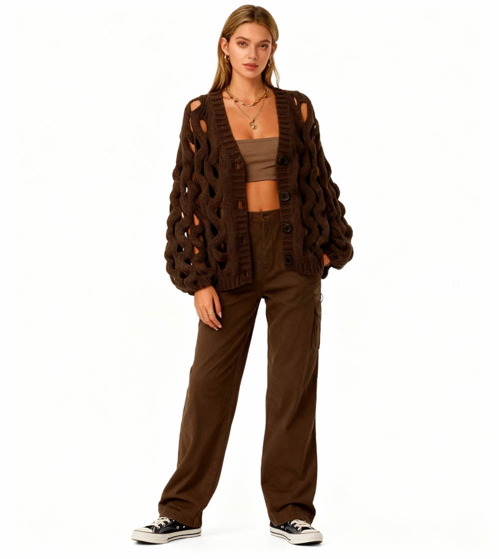 Cherie Code Women’s Open Knit Button-Front Cardigan Sweater – Long Balloon Sleeves