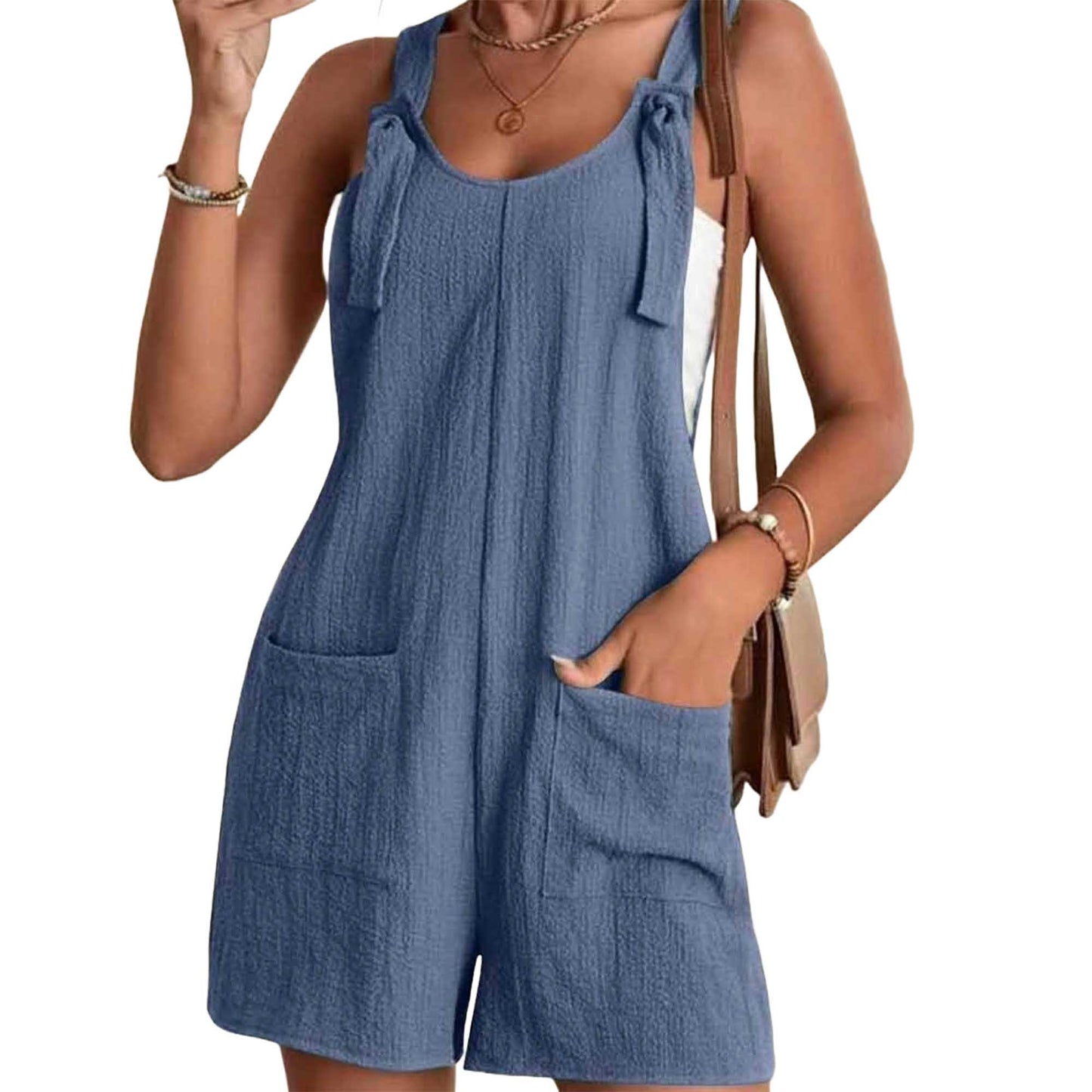 Women's Cotton Gauze Romper – Sleeveless Pocket Jumpsuit with Tie Straps Cherie Code