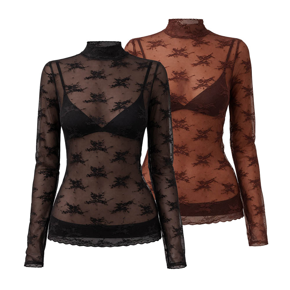 2 piece Women’s Sheer Lace Long Sleeve Top – High Neck, Sexy & Layering Essential Cherie Code Buy 2 Save!