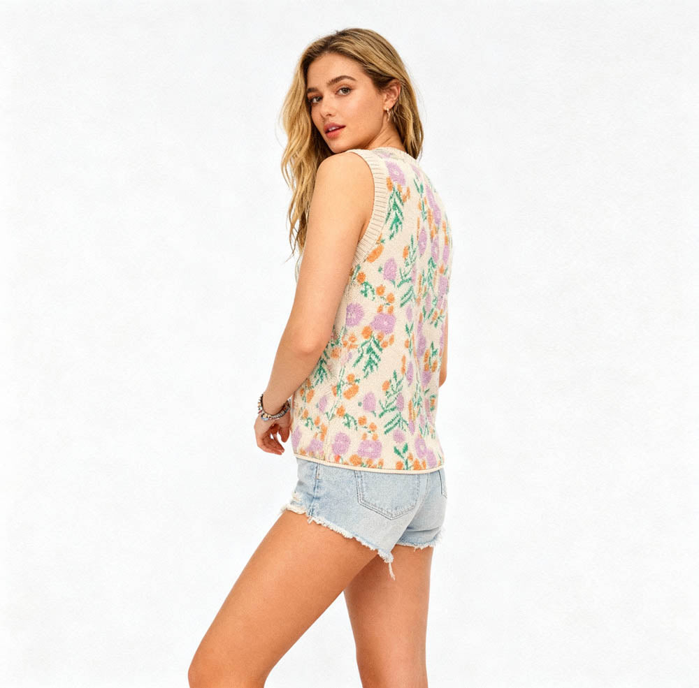 Woman Floral Knit Sleeveless Vest – 40% Acrylic Blend, Casual Fit Cherie Code