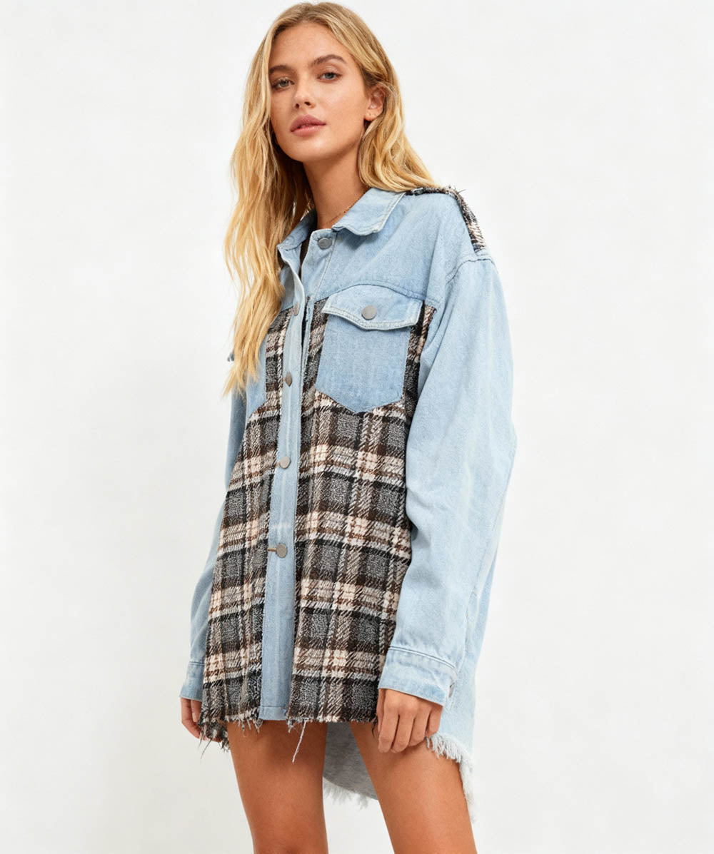 Cherie Code Women’s Patchwork Plaid Denim Jacket – Color‑Block Plaid