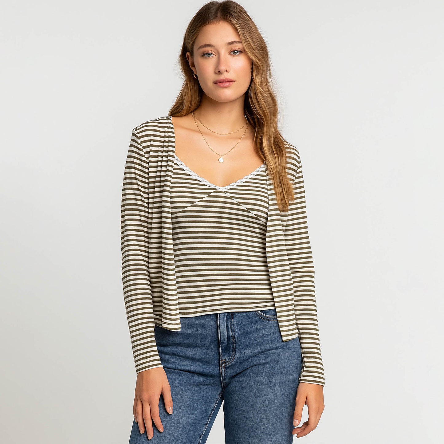 Cherie Code Women’s Knit Cardigan – Stripe Pattern, Open Front, Ribbed Knit