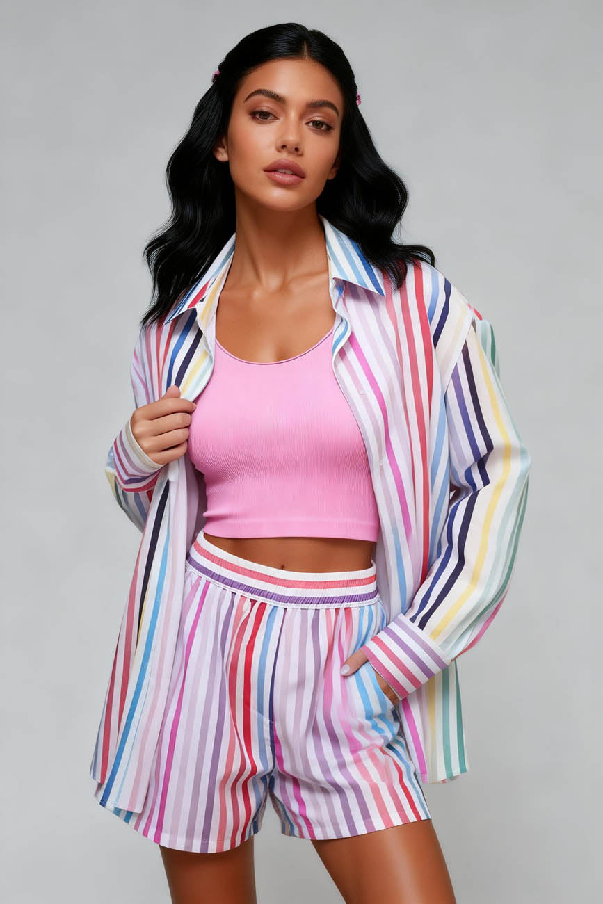 Cherie Code Women's Striped Button-Down Long Sleeve Shirt and High Waist Shorts Set – Striped Casual Loungewear Set
