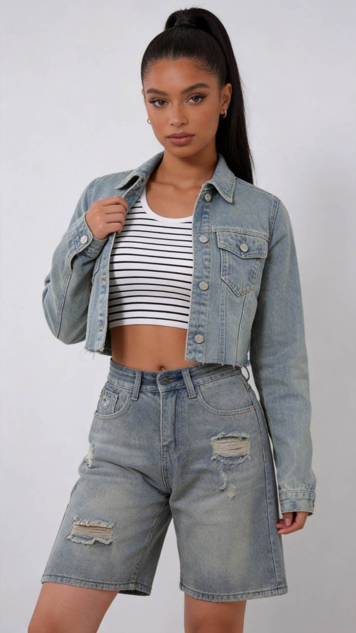 Cherie Code Women's Cropped Denim Jacket Button Front Long Sleeve Light Wash