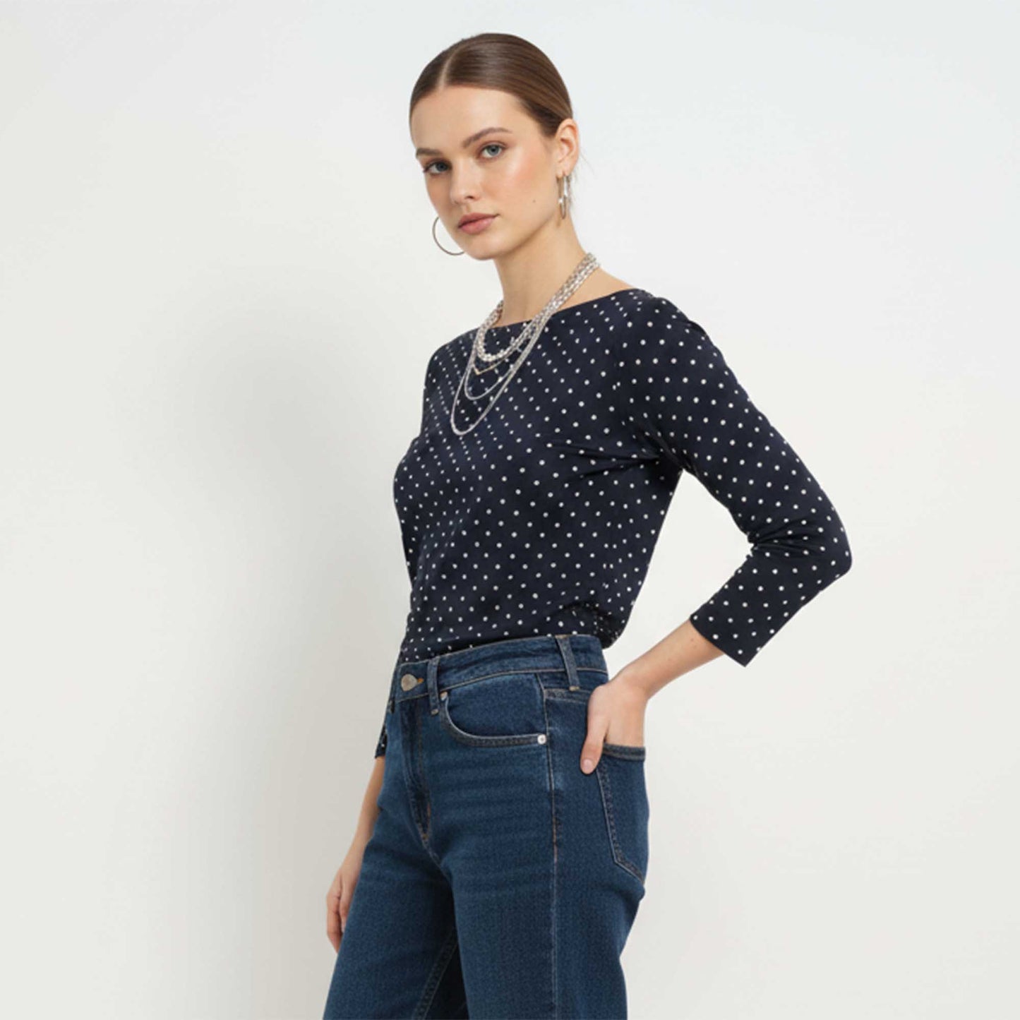 Cherie Code Women’s Polka‑Dot Long‑Sleeve Tee – Navy Dot Print Scoop Neck Casual Top