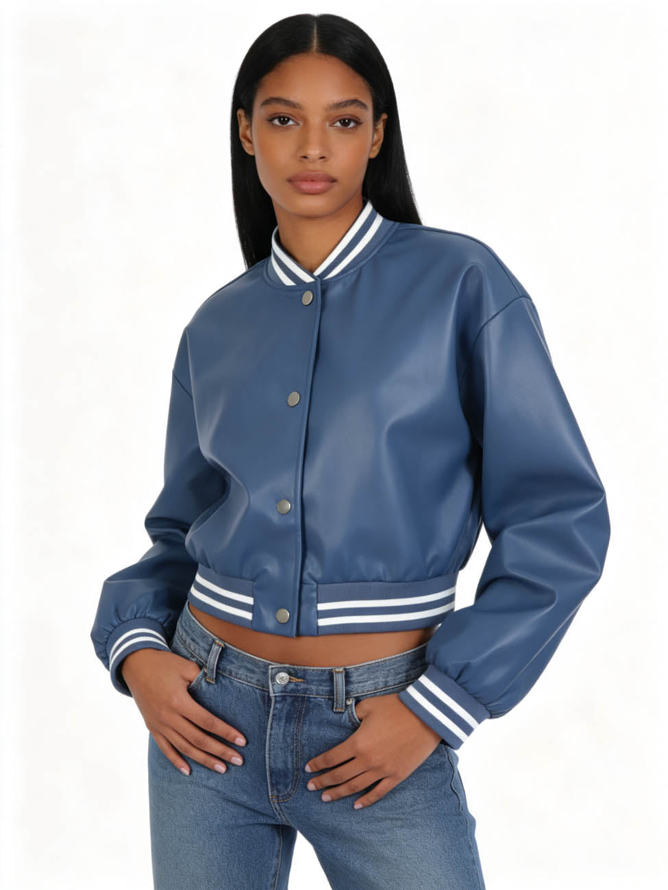 Cherie Code Women's Faux Leather Varsity Bomber Jacket – Snap Button Long Sleeve Cropped Baseball Jacket with Striped Rib Trim