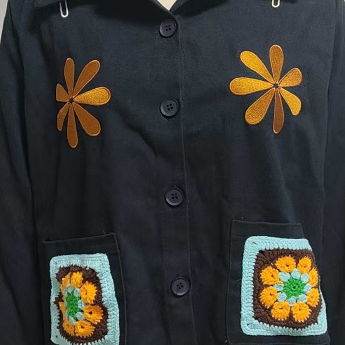 Cherie Code Women’s Embroidered Floral Denim‑Style Jacket – Button‑Front Black Jacket with Pockets