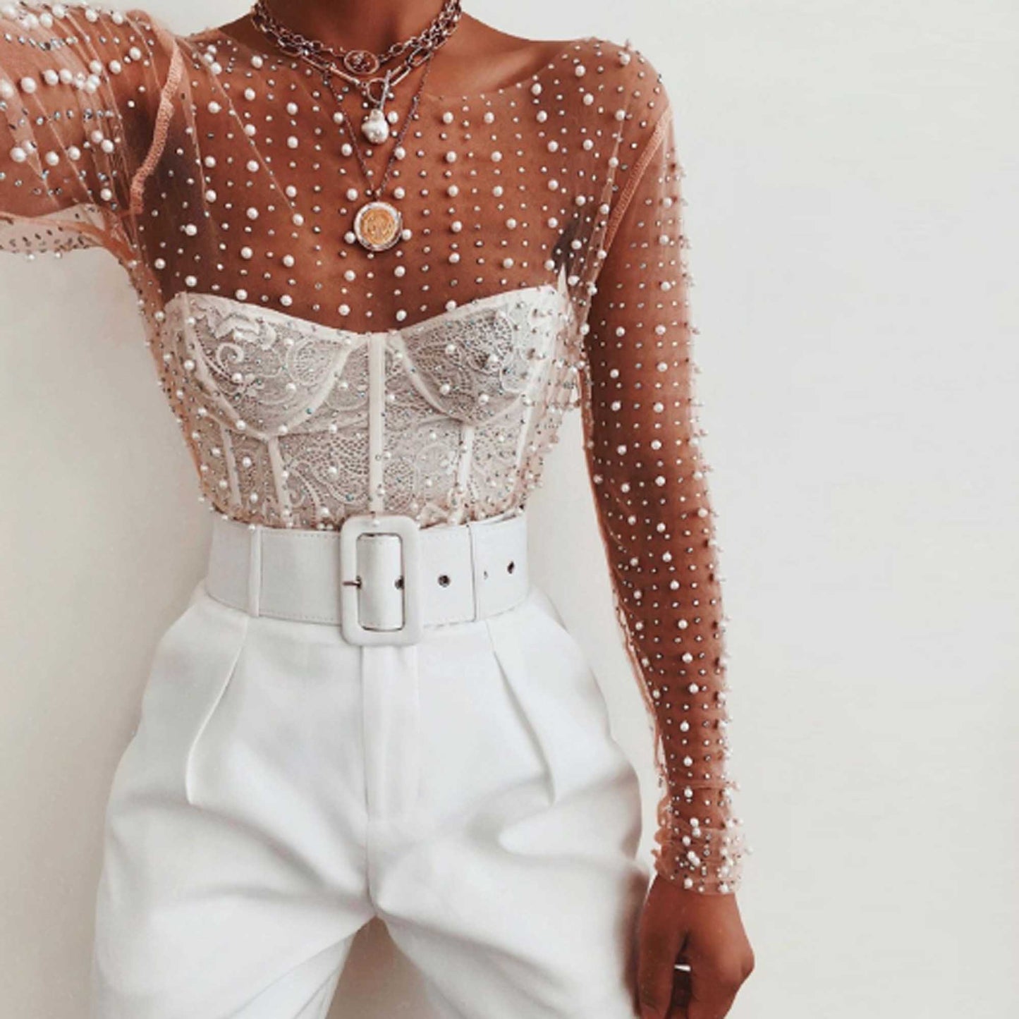 Women's Elegant Pearl & Rhinestone Sheer Top - Slim Fit Long Sleeve Layering Blouse Cherie Code