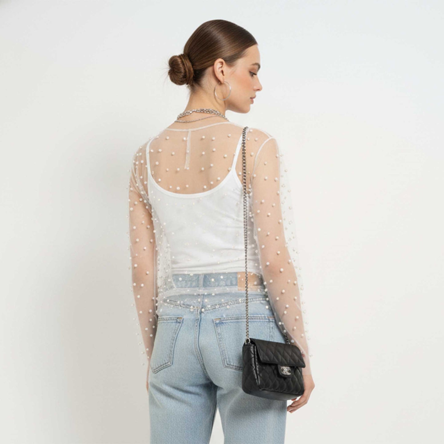 Chic Long Sleeve Sheer Top with Pearl Details - Non-Stretch Polyamide Layering Essential Cherie Code