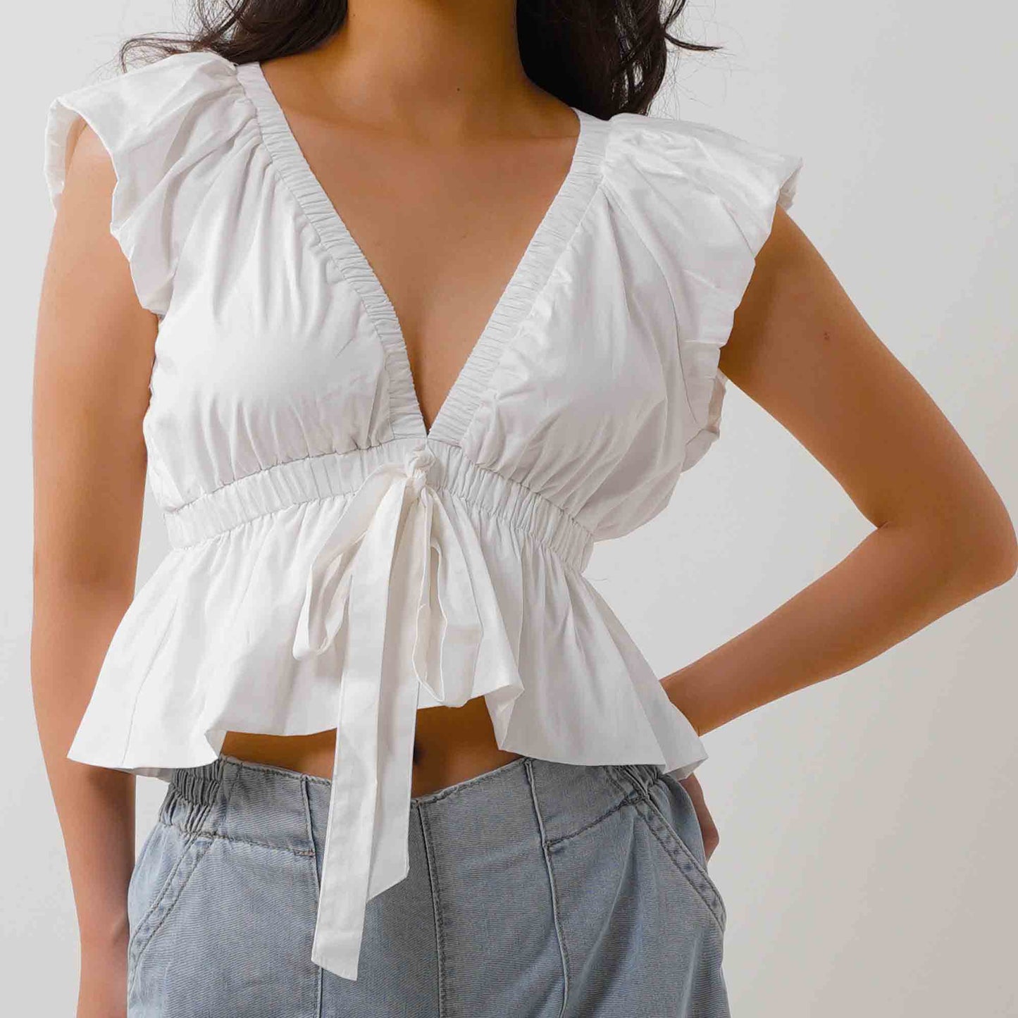 Women's V-Neck Sleeveless Top - Cotton with Bow Tie Waist Detail & Elastic Waistband Cherie Code