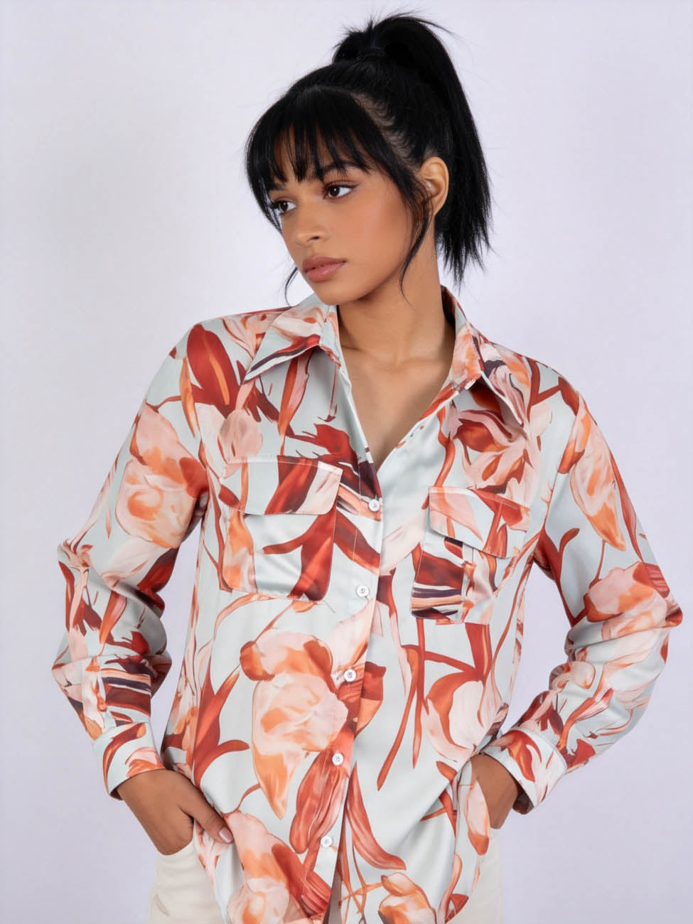 Cherie Code Women's Floral Print Button Down Shirt – Lightweight Long Sleeve Relaxed Fit Blouse, Vacation Casual Resort Top
