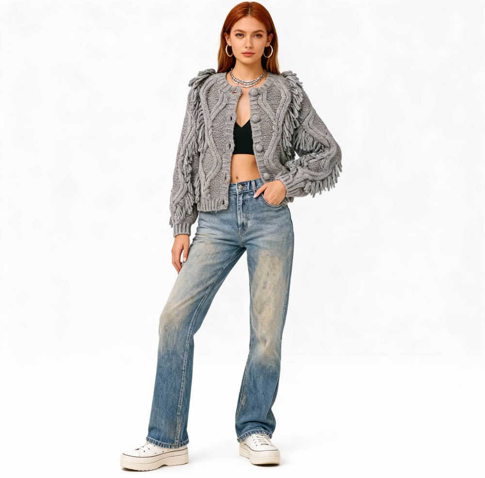 Cherie Code Women’s Textured Knit Cardigan with Fringe Detail – Long Sleeve