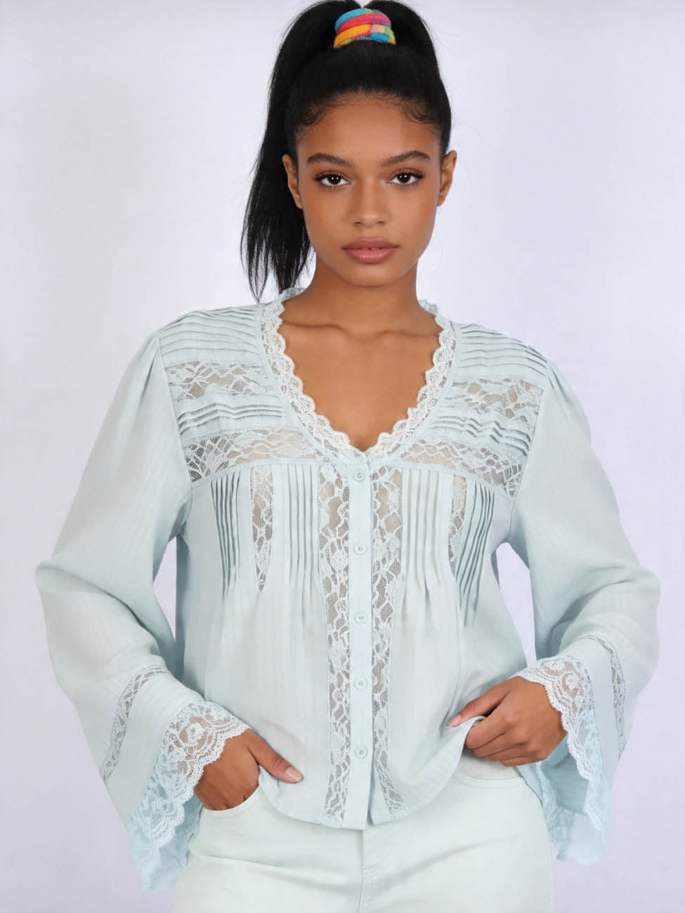 Cherie Code Women’s Lace‑Trim Ruffle Blouse – V‑Neck Button‑Down Top with Bell Sleeves