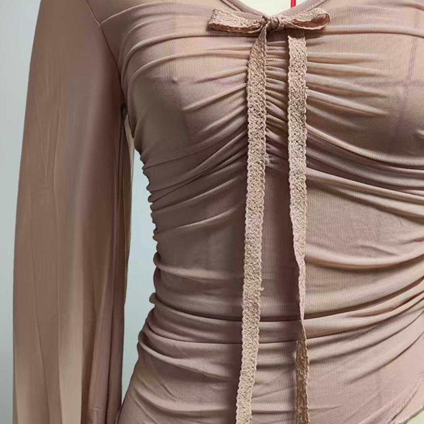 Cherie Code Women’s Mesh Tie‑Front Long Sleeve Top – Sheer Panel Ruched Knit Blouse