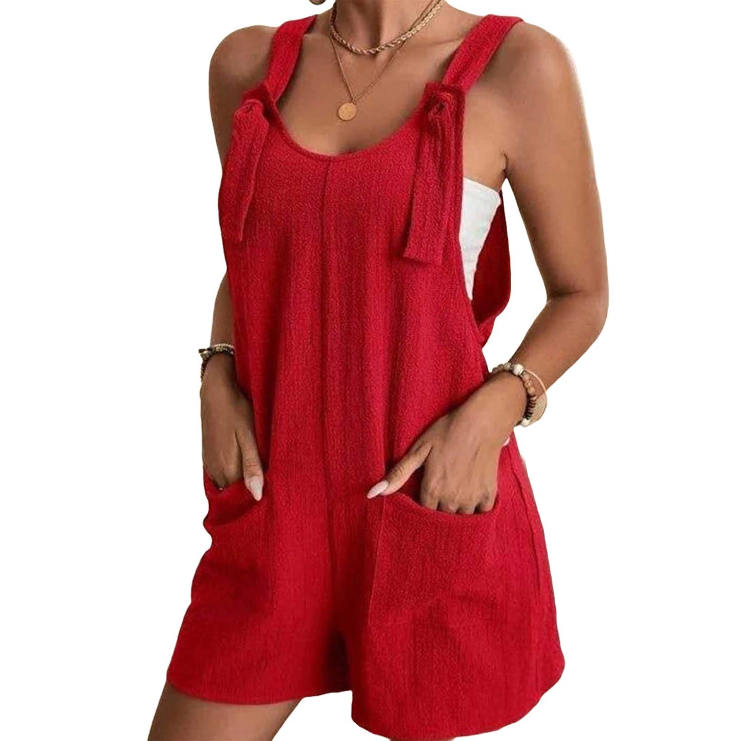 Women's Cotton Gauze Romper – Sleeveless Pocket Jumpsuit with Tie Straps Cherie Code