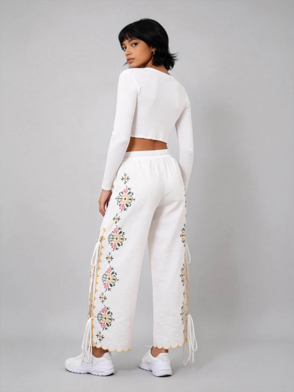 Women’s Embroidered Wide Leg Pants – Floral Drawstring High Waist Boho Lounge Trousers, Lightweight Polyester