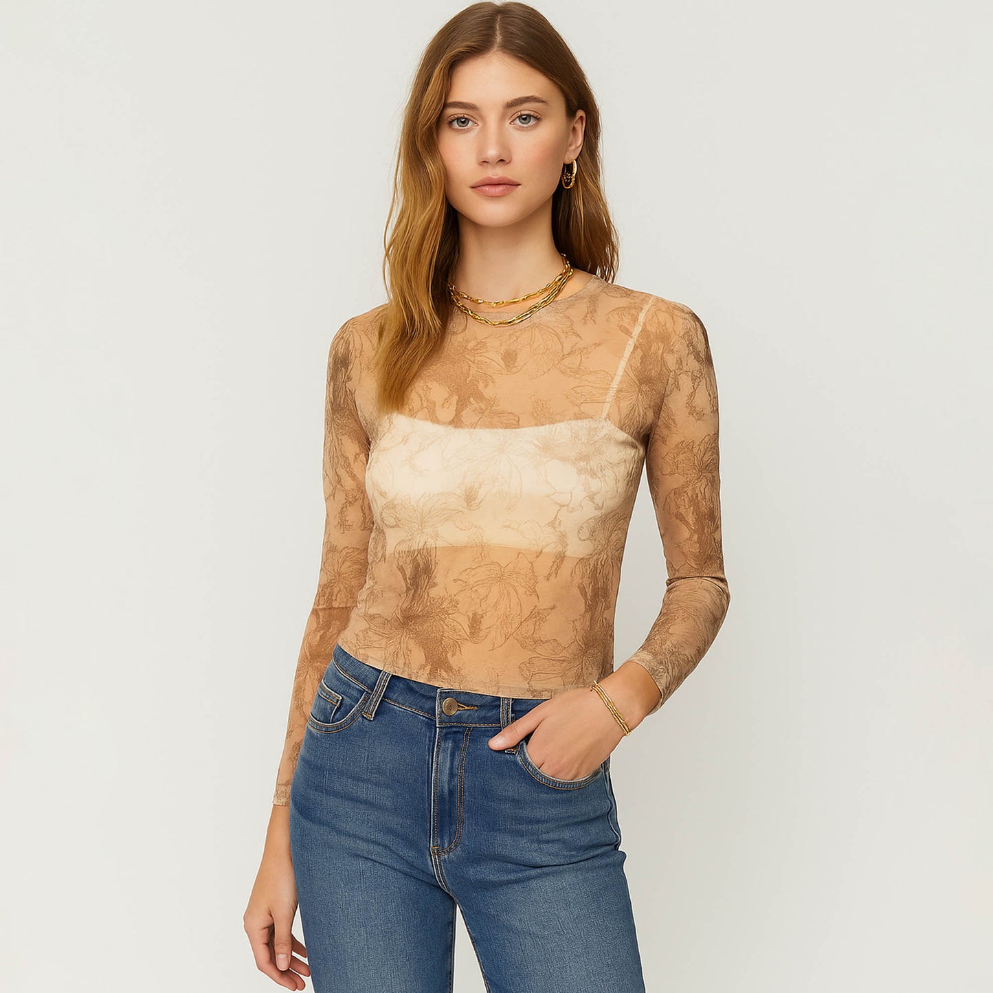 Cherie Code Women’s Mesh Top – Floral Flocking, Long Sleeve, Sheer Knit