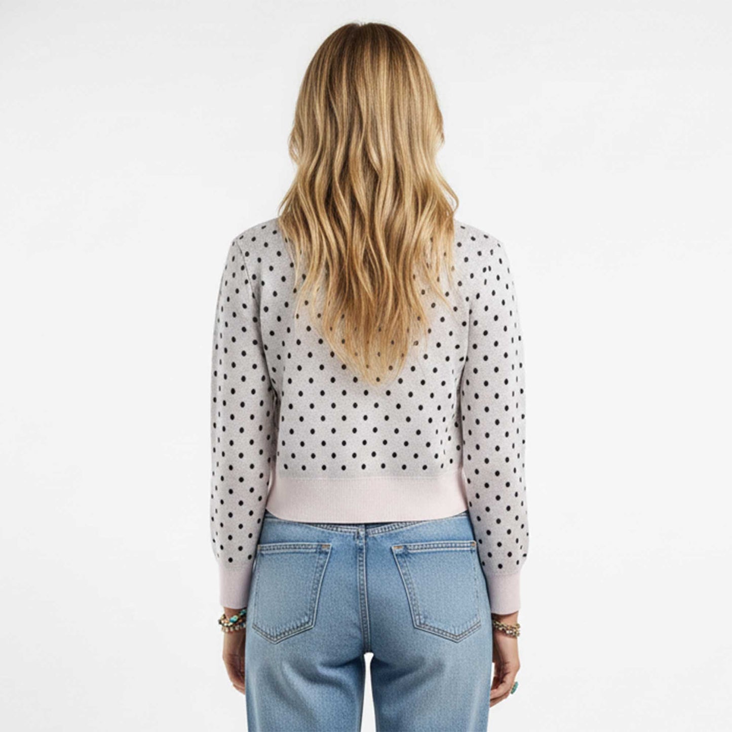 Cherie Code Women’s Grey Polka‑Dot Long‑Sleeve Knit Cardigan – Stretch Rib Knit Button‑Front Sweater