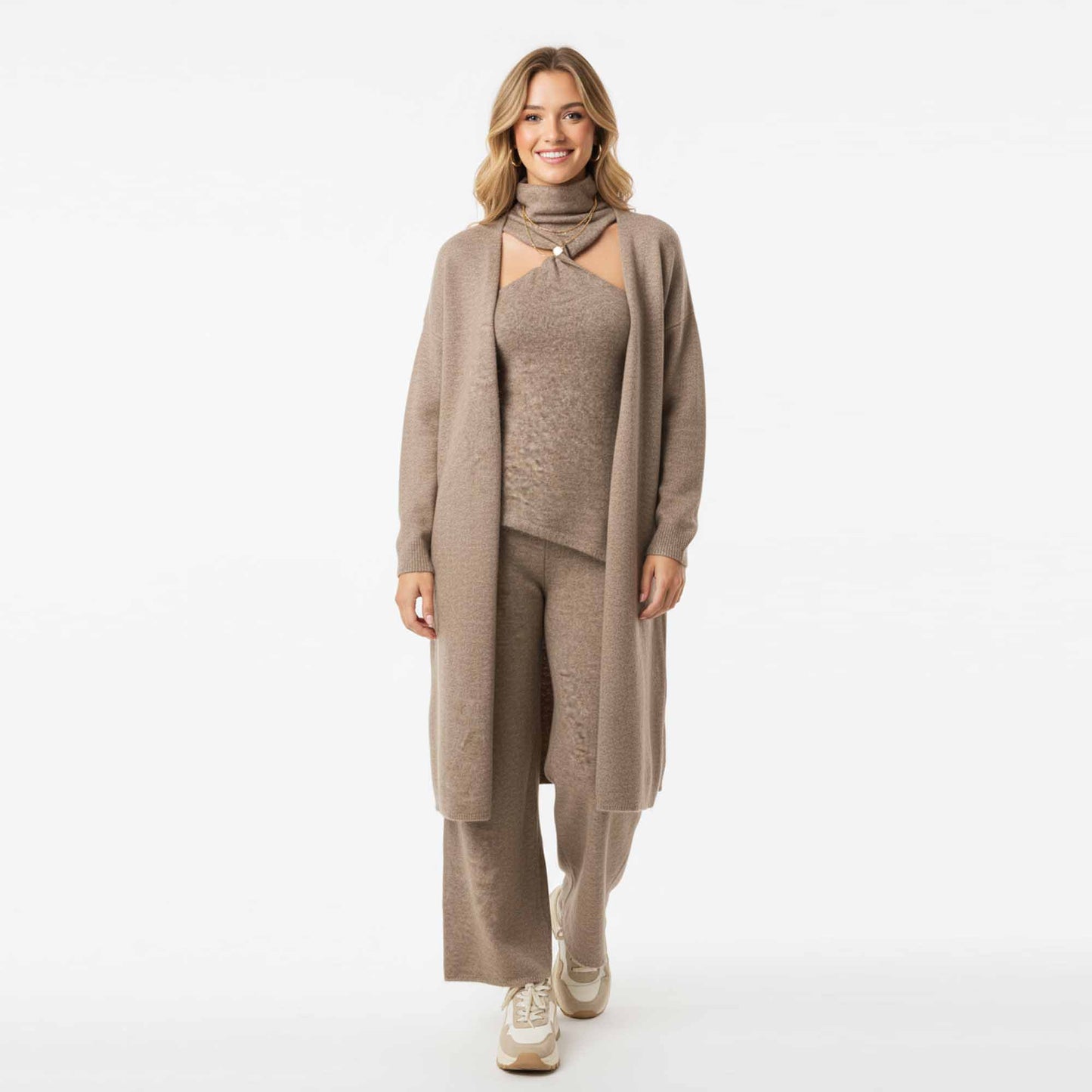 Cherie Code Women’s Knit Lounge 3‑Piece Set – Long Open Cardigan, Knit Tank & Wide‑Leg Pants