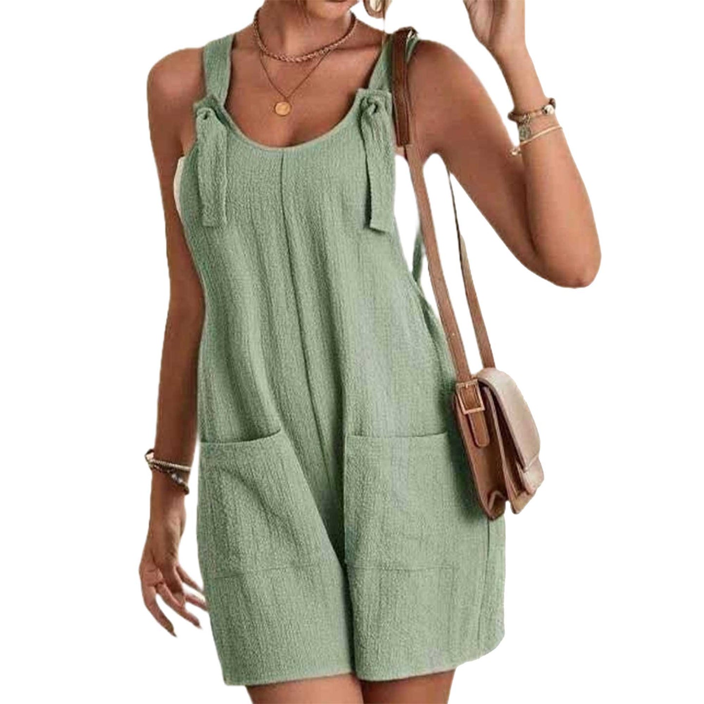 Women's Cotton Gauze Romper – Sleeveless Pocket Jumpsuit with Tie Straps Cherie Code