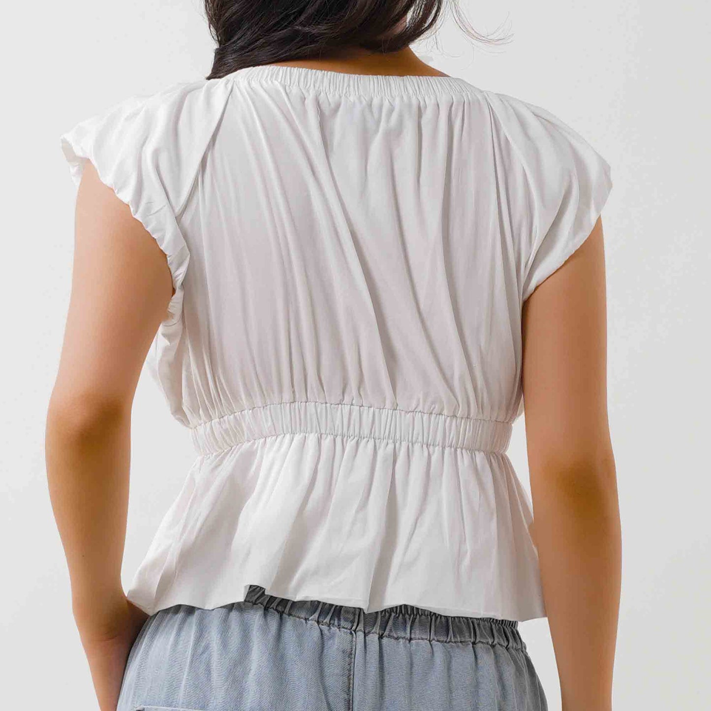 Women's V-Neck Sleeveless Top - Cotton with Bow Tie Waist Detail & Elastic Waistband Cherie Code
