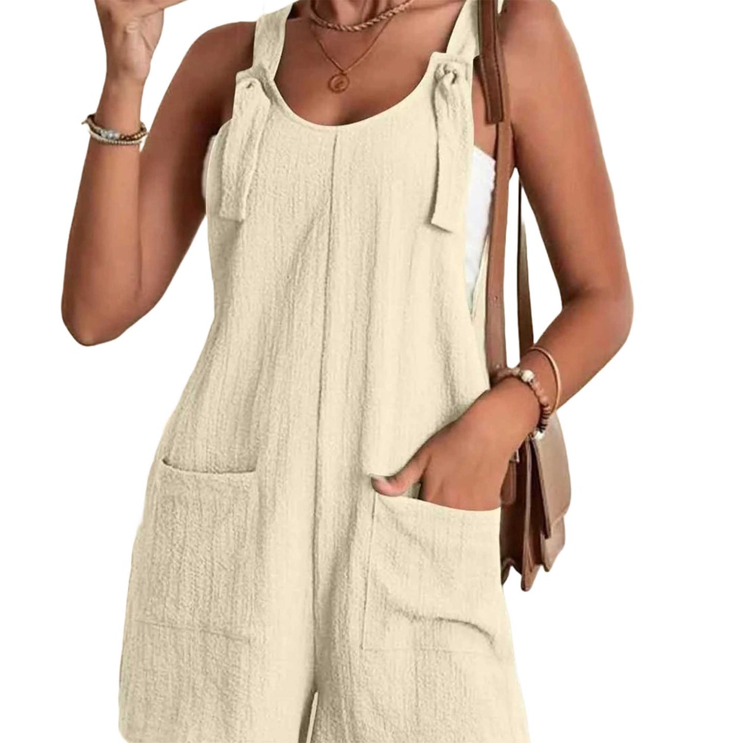 Women's Cotton Gauze Romper – Sleeveless Pocket Jumpsuit with Tie Straps Cherie Code