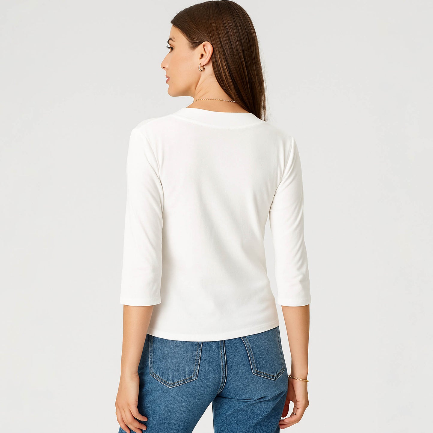 Cherie Code Women’s V-Neck Tee – Stretch Knit, Elbow Sleeve, Fitted Silhouette