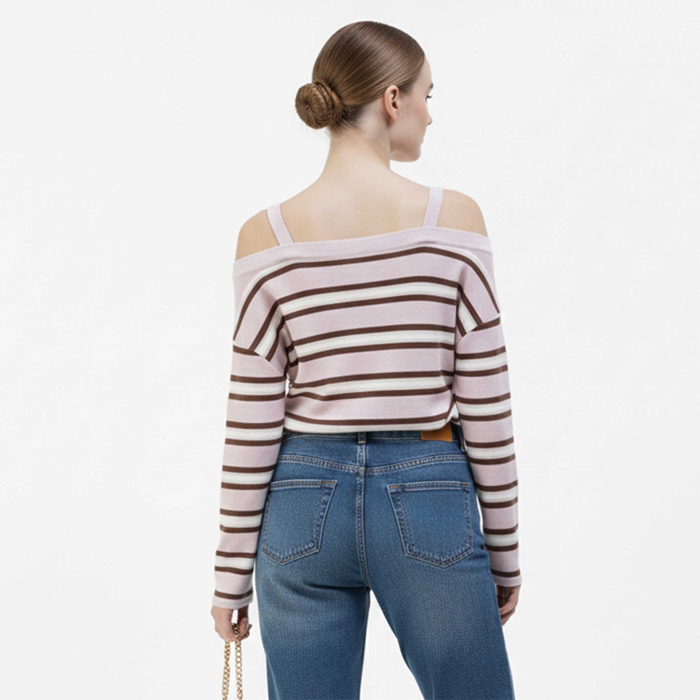 Cherie Code Women’s Ribbed Top – Stripe Pattern, Cold Shoulder, Button Placket