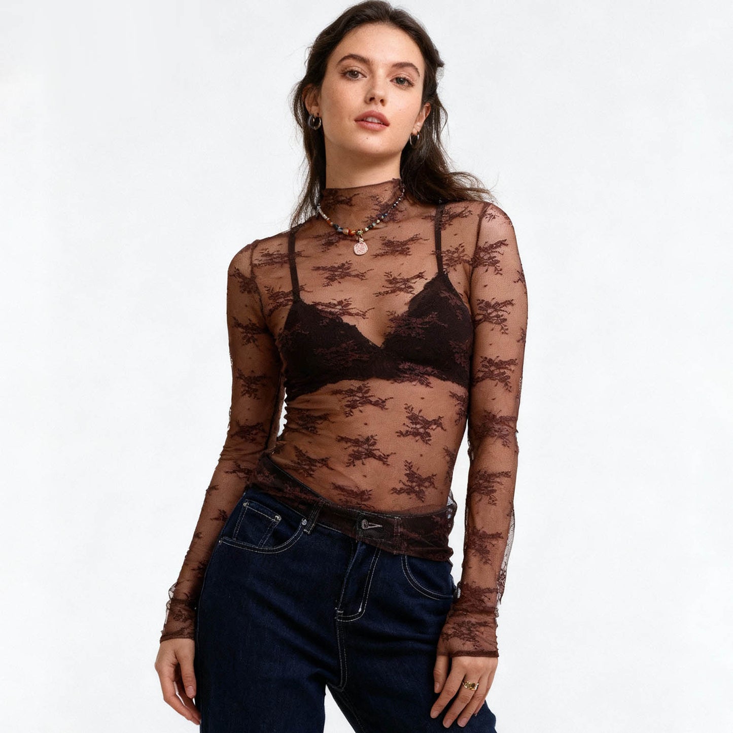 Women's Floral Lace Slim-Fit Top – Sheer Stretch Tee with Baby Overlock Edge Cherie Code