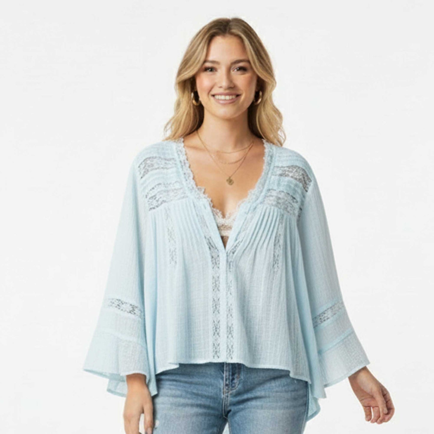 Cherie Code Women’s Lace‑Trim Ruffle Blouse – V‑Neck Button‑Down Top with Bell Sleeves