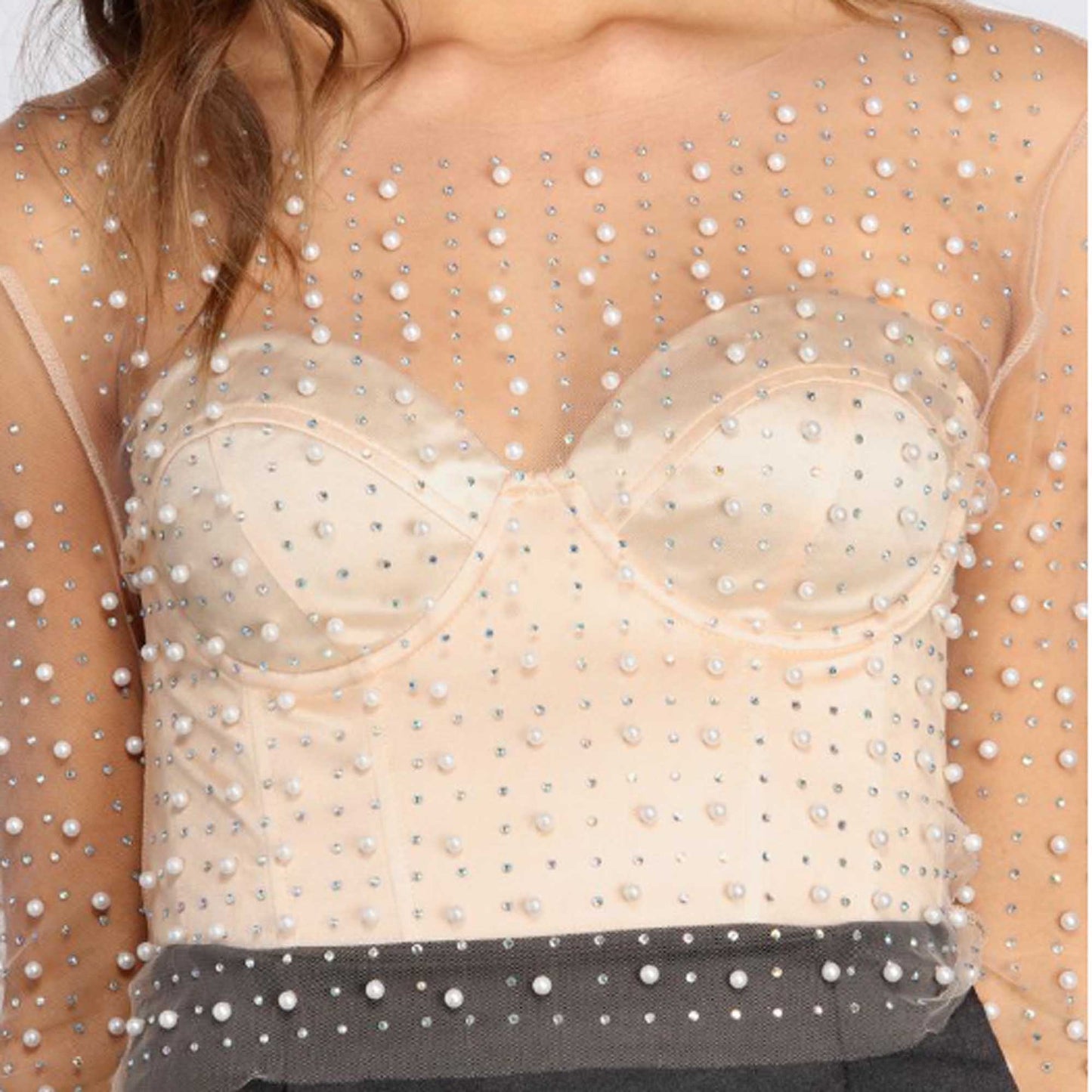 Women's Elegant Pearl & Rhinestone Sheer Top - Slim Fit Long Sleeve Layering Blouse Cherie Code