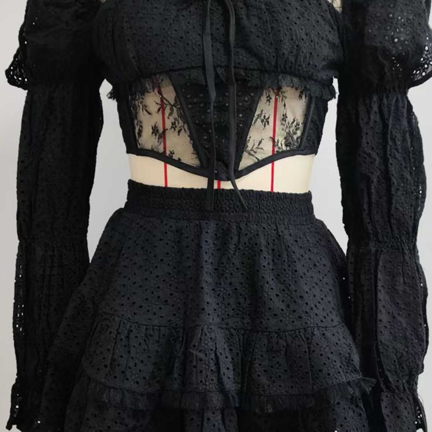 Cherie Code Women’s Black Lace Crop Top & Tiered Lace Mini Skirt Set – Elegant Two‑Piece Evening Ensemble