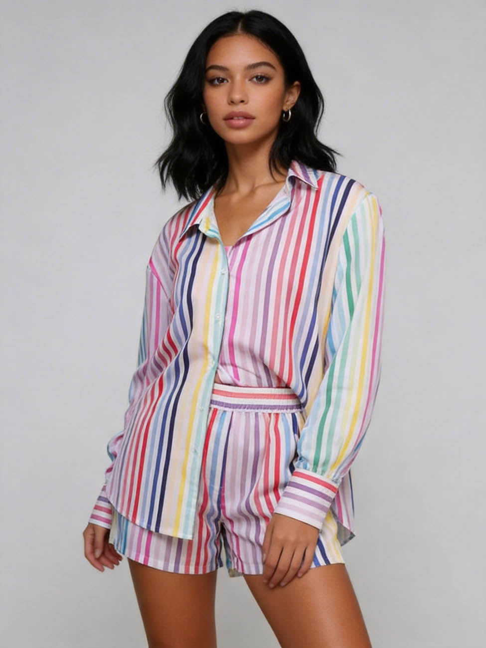 Cherie Code Women's Striped Button-Down Long Sleeve Shirt and High Waist Shorts Set – Striped Casual Loungewear Set