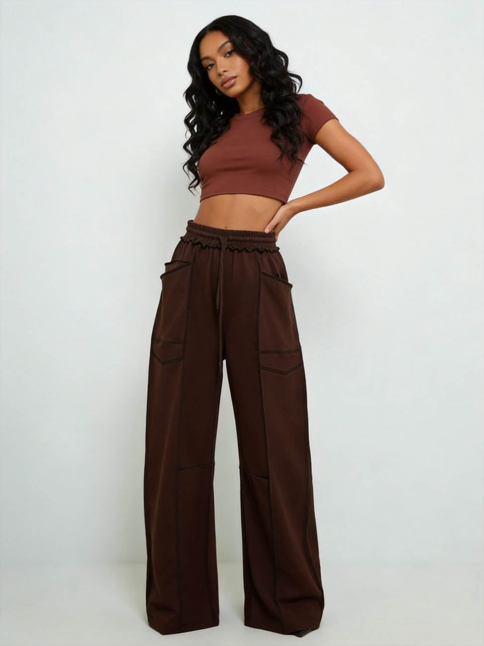 Cherie Code Women's High-Rise Wide Leg Pants with Drawstring and Pockets – Stretch Knit Casual Lounge Pants