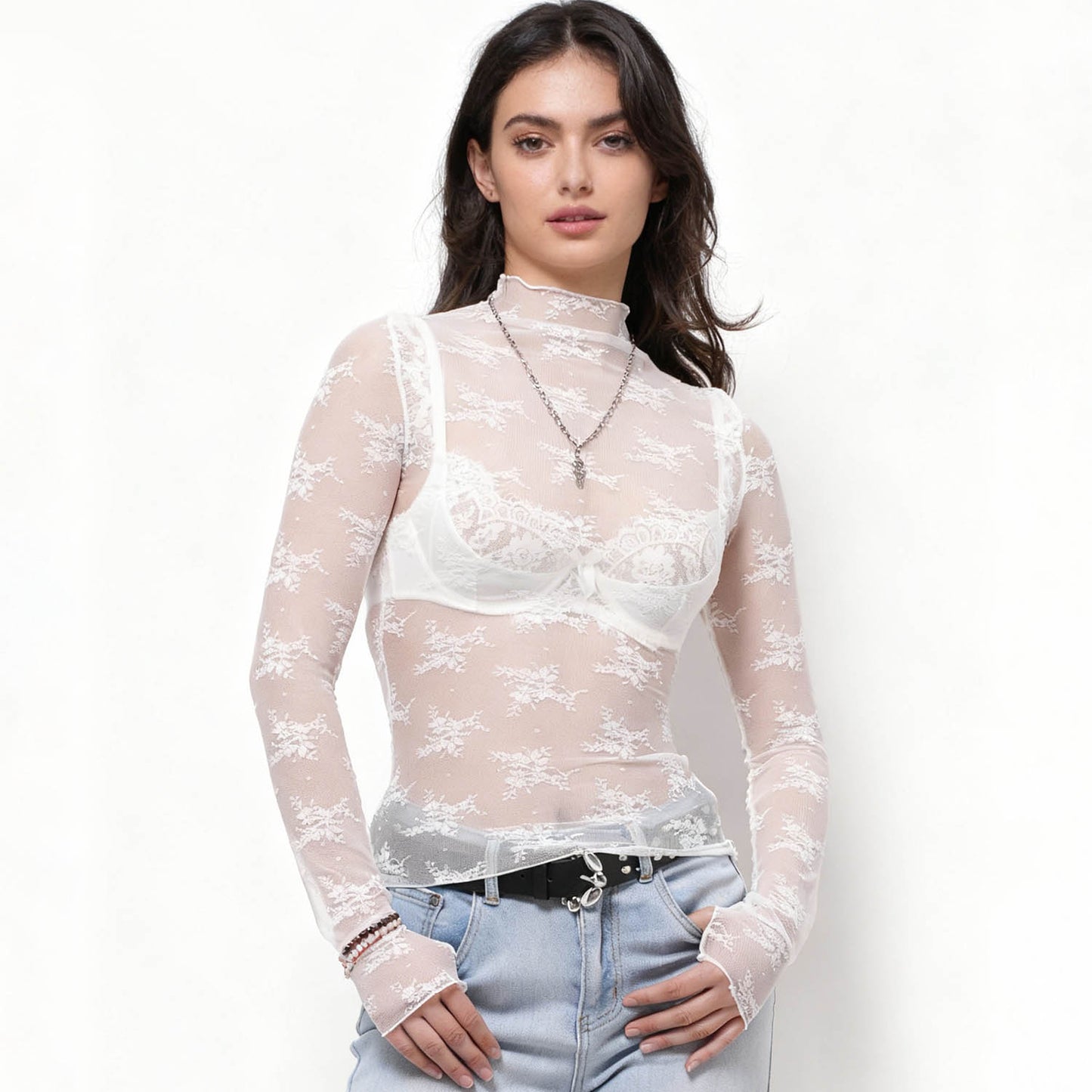 Women's Floral Lace Slim-Fit Top – Sheer Stretch Tee with Baby Overlock Edge Cherie Code