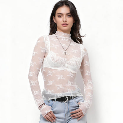 Women's Floral Lace Slim-Fit Top – Sheer Stretch Tee with Baby Overlock Edge Cherie Code