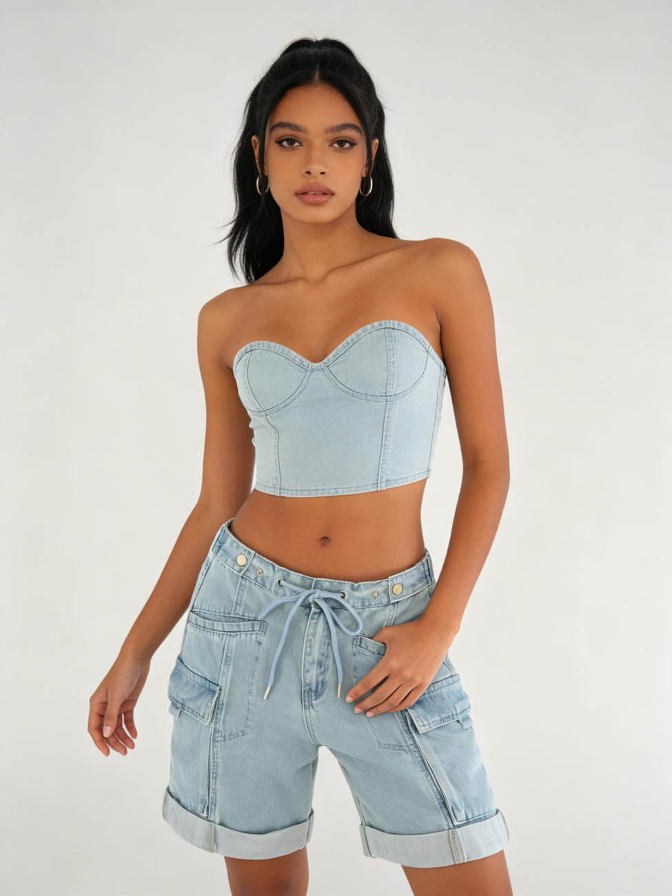 Cherie Code Women's High-Waisted Denim Cargo Shorts – Drawstring Waist Utility Jean Shorts with Zipper Pockets & Rolled Hem, Light Wash