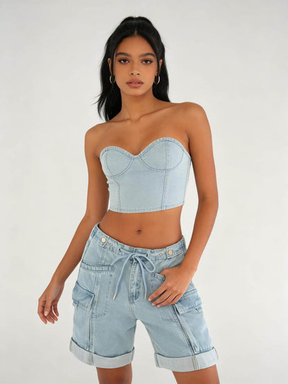 Cherie Code Women's High-Waisted Denim Cargo Shorts – Drawstring Waist Utility Jean Shorts with Zipper Pockets & Rolled Hem, Light Wash