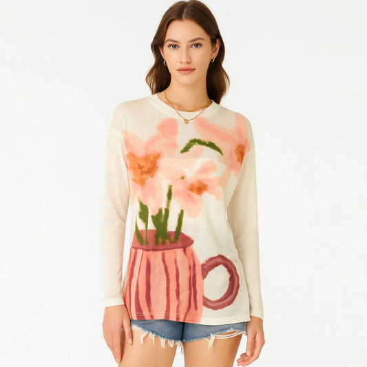 Cherie Code Women’s Graphic Knit Top – Floral Print, Long Sleeve, Slouchy Fit