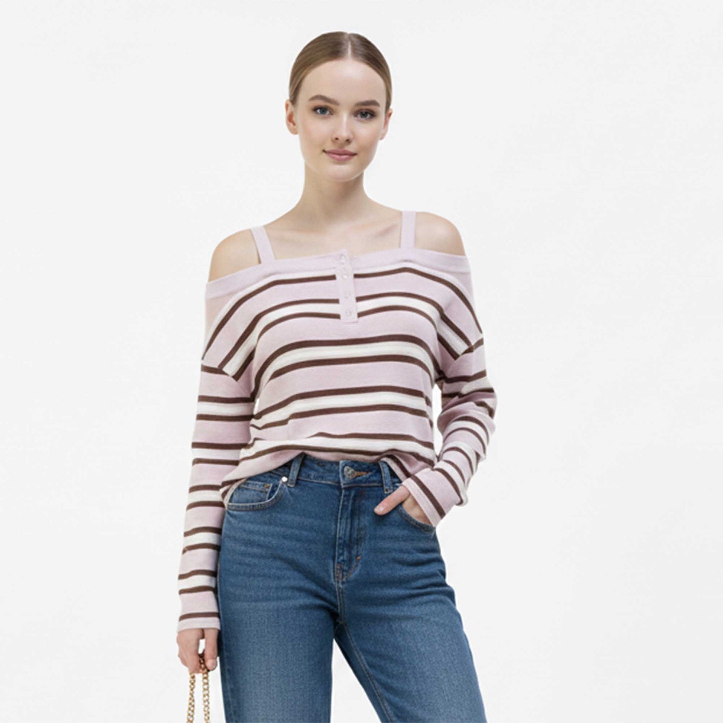 Cherie Code Women’s Ribbed Top – Stripe Pattern, Cold Shoulder, Button Placket