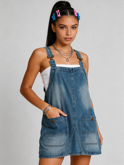 Cherie Code Women's Washed Denim Overall Mini Dress – Casual Adjustable Strap Pocket Pinafore Dress