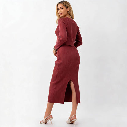 Women's Sweater Set - Stretch Knit Top & Back-Slit Midi Skirt Matching Set Cherie Code
