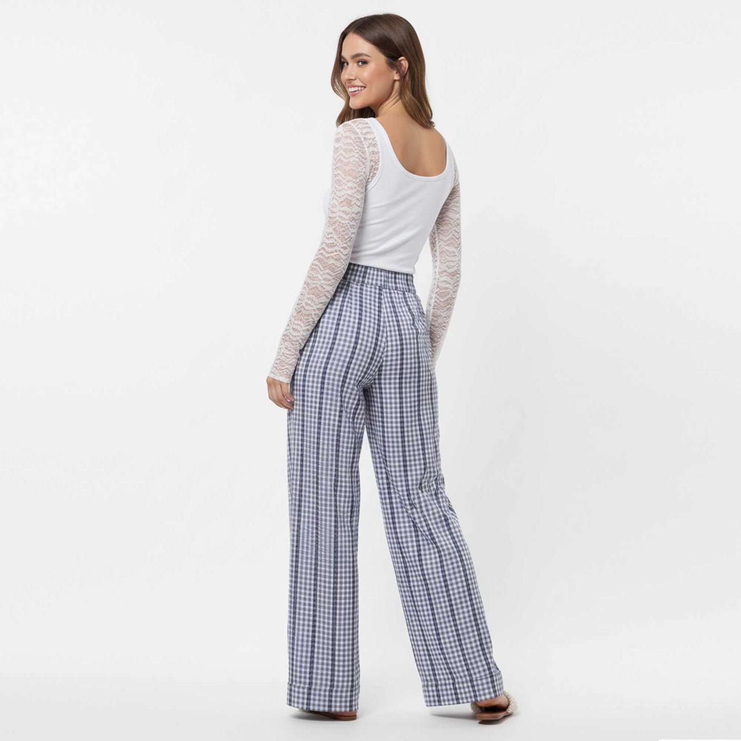 Cherie Code Women’s Wide Leg Checkered Pants - Casual Cotton Blend Trousers with Elastic Waist and Pockets