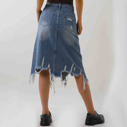 Women's Classic Distressed Denim Midi Skirt - Button & Zip Closure with Functional Pockets Cherie Code