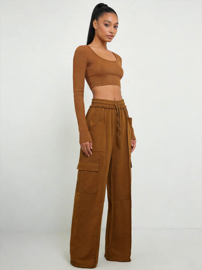 Cherie Code Women's High-Rise Wide Leg Pants with Drawstring and Pockets – Stretch Knit Casual Lounge Pants