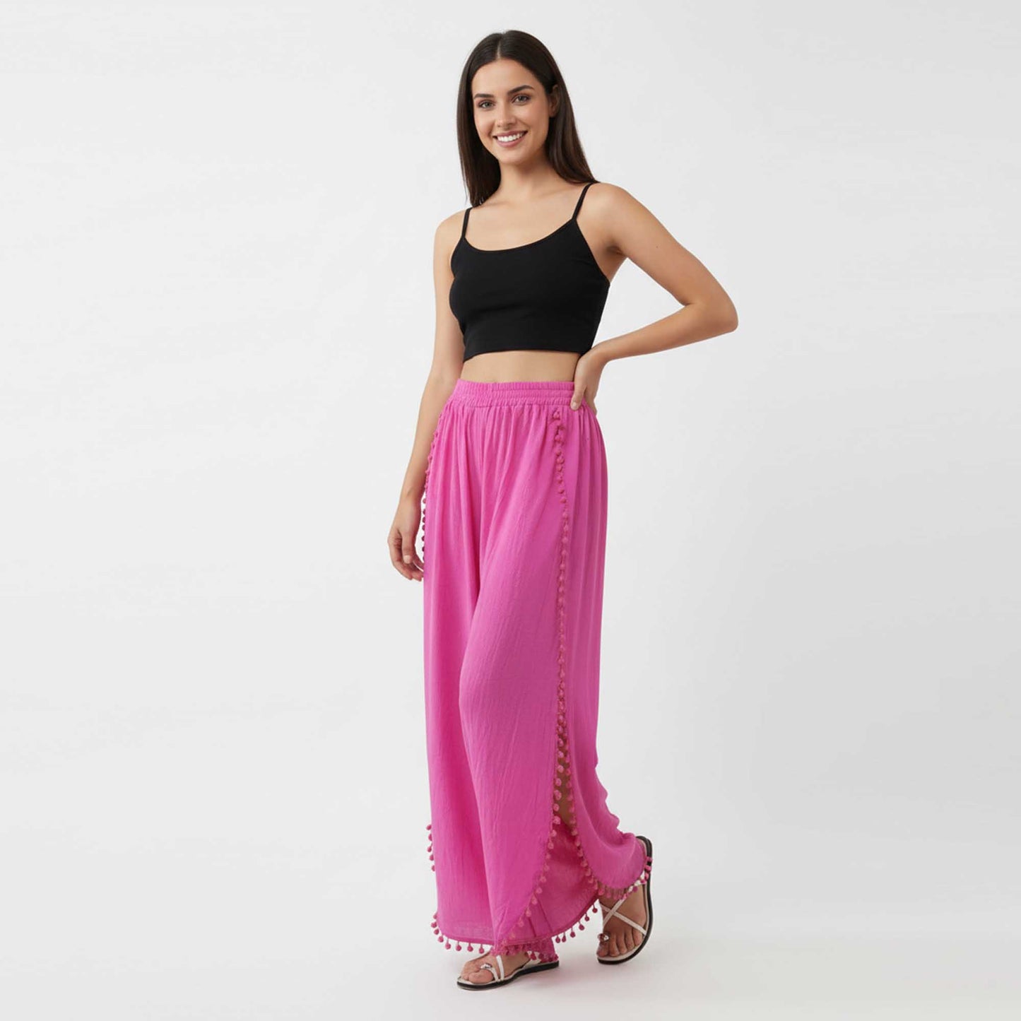 Cherie Code Women's Cotton Wide Leg Pants with Side Split and Pom Trim – Casual Fit