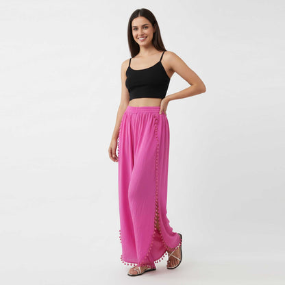 Cherie Code Women's Cotton Wide Leg Pants with Side Split and Pom Trim – Casual Fit