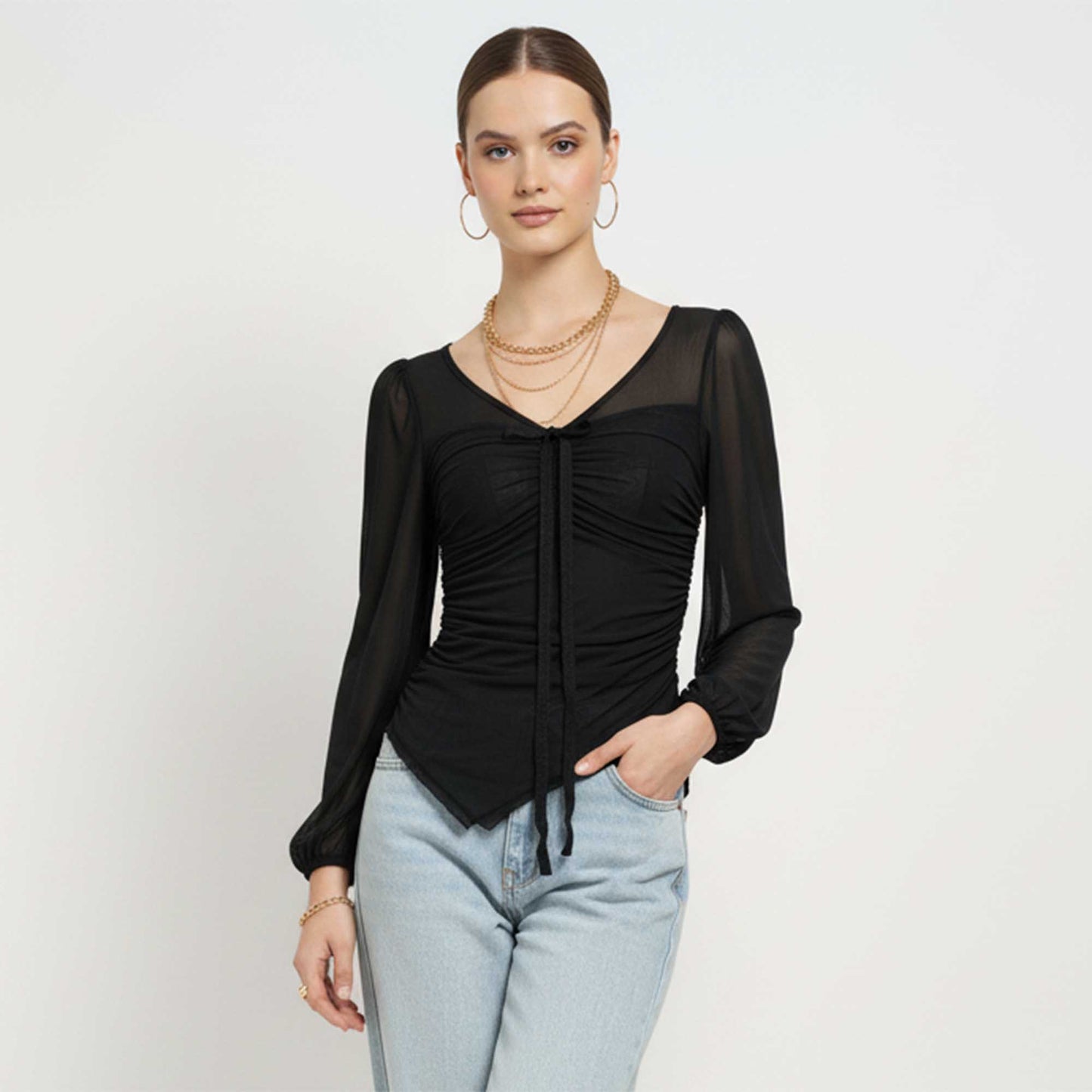 Cherie Code Women’s Mesh Tie‑Front Long Sleeve Top – Sheer Panel Ruched Knit Blouse
