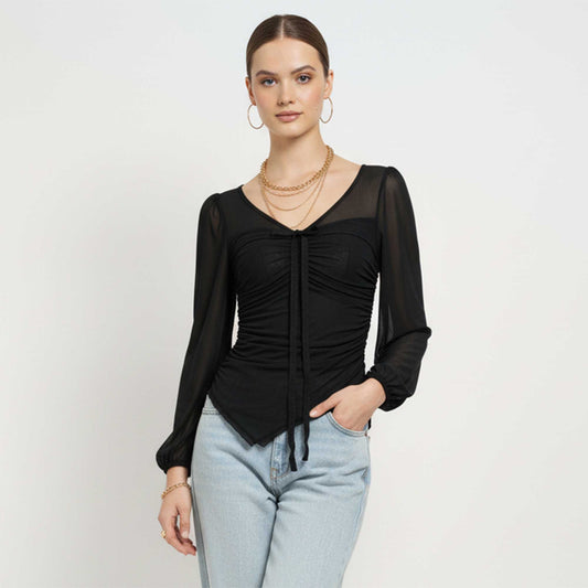 Cherie Code Women’s Mesh Tie‑Front Long Sleeve Top – Sheer Panel Ruched Knit Blouse