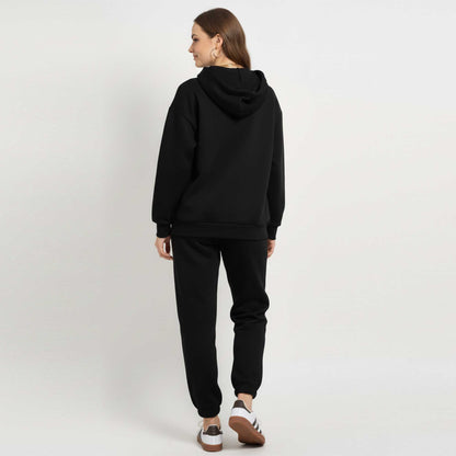 Cherie Code Women's Black Hoodie Lounge Set with Velvet Lining – Long Sleeve Top and Jogger Pants – Casual Fit